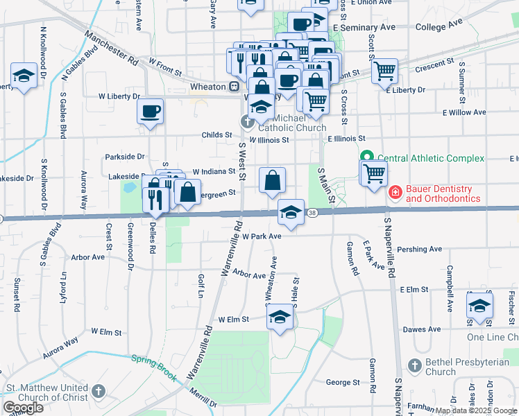 map of restaurants, bars, coffee shops, grocery stores, and more near 301 West Roosevelt Road in Wheaton