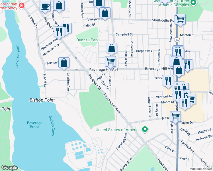 map of restaurants, bars, coffee shops, grocery stores, and more near 99 Dodge Street in Pawtucket