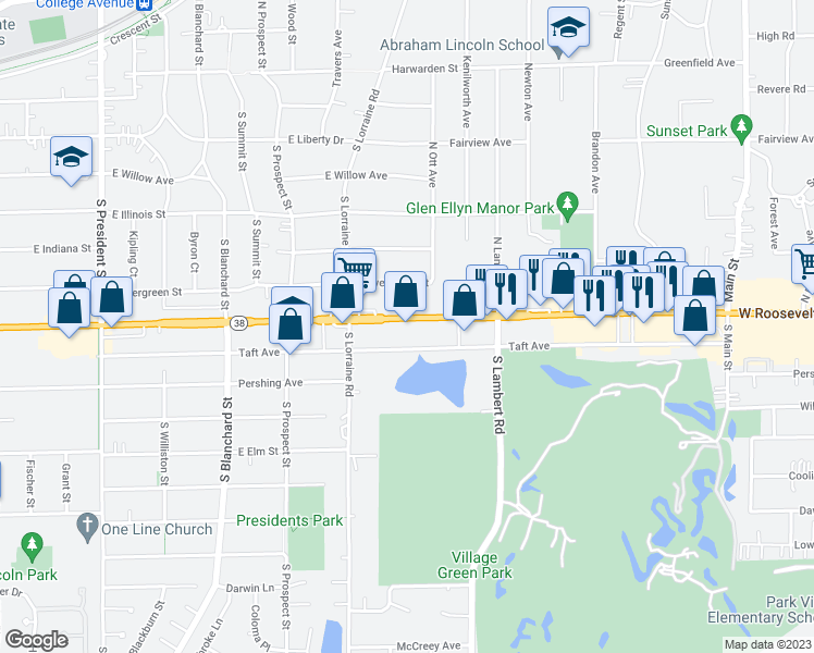 map of restaurants, bars, coffee shops, grocery stores, and more near 1910 Roosevelt Road in Wheaton