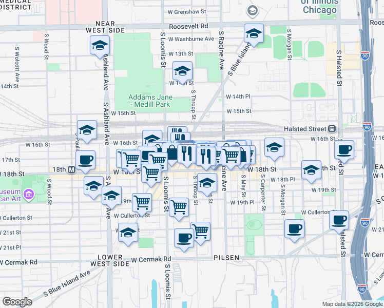 map of restaurants, bars, coffee shops, grocery stores, and more near 1621 South Throop Street in Chicago