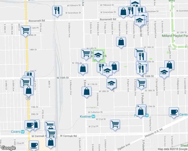 map of restaurants, bars, coffee shops, grocery stores, and more near 1551 South Kolin Avenue in Chicago