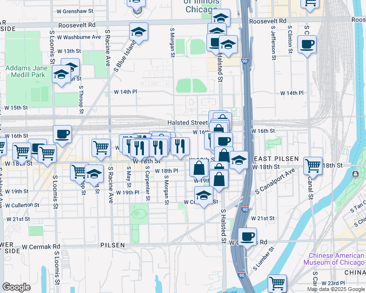 map of restaurants, bars, coffee shops, grocery stores, and more near 902 West 18th Street in Chicago