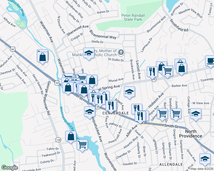 map of restaurants, bars, coffee shops, grocery stores, and more near 2159 Mineral Spring Avenue in North Providence