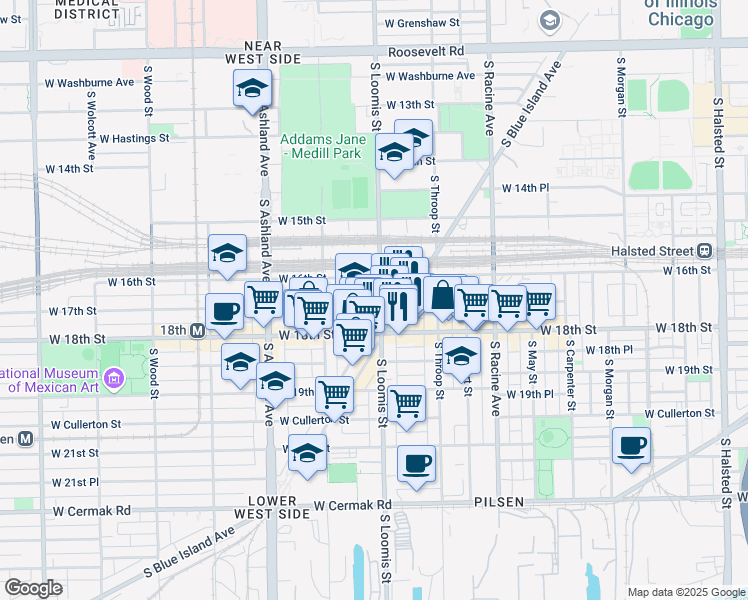 map of restaurants, bars, coffee shops, grocery stores, and more near 1622 South Loomis Street in Chicago