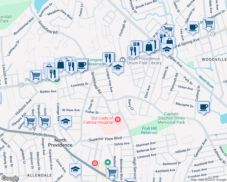 map of restaurants, bars, coffee shops, grocery stores, and more near 17 Longue Vue Avenue in North Providence
