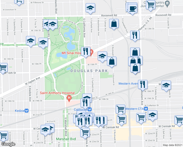 map of restaurants, bars, coffee shops, grocery stores, and more near 2735 West 16th Street in Chicago