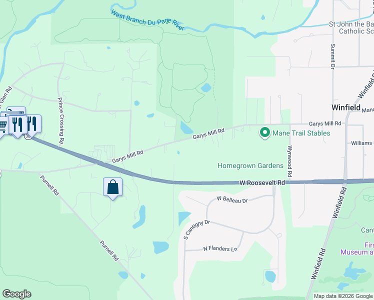 map of restaurants, bars, coffee shops, grocery stores, and more near 28W351 Garys Mill Road in Winfield