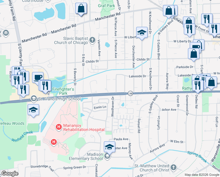map of restaurants, bars, coffee shops, grocery stores, and more near 615 Polo Drive in Wheaton