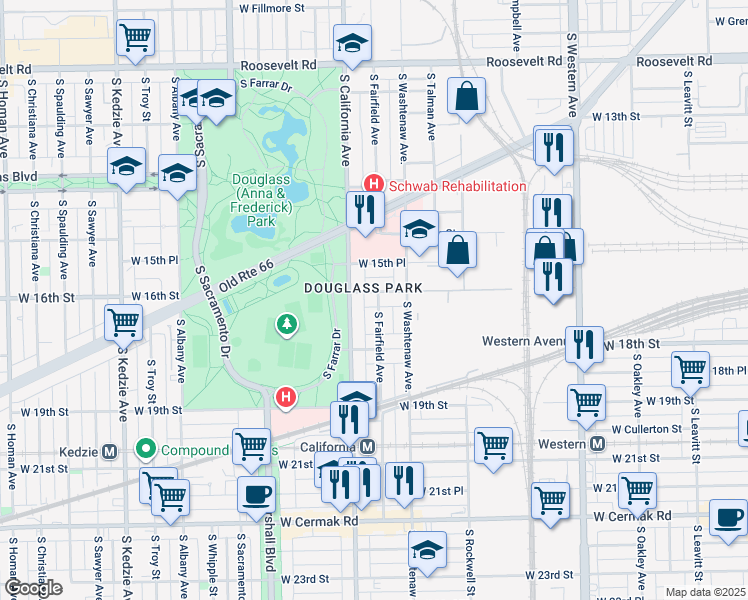 map of restaurants, bars, coffee shops, grocery stores, and more near 2735 West 16th Street in Chicago