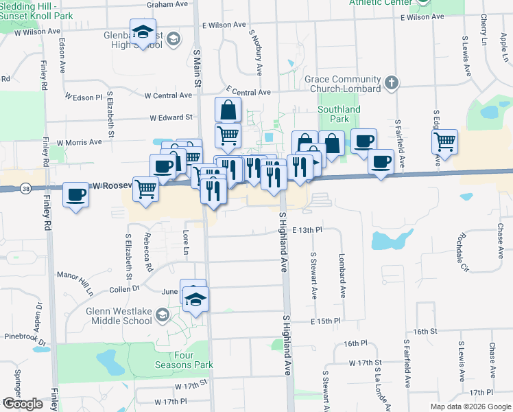 map of restaurants, bars, coffee shops, grocery stores, and more near 540 East 13th Street in Lombard