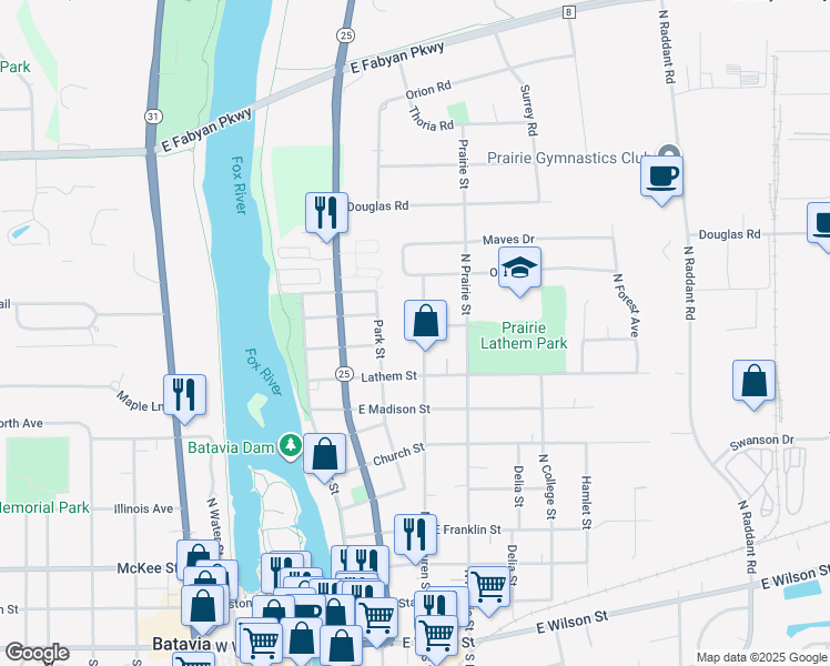 map of restaurants, bars, coffee shops, grocery stores, and more near 741 North Van Buren Street in Batavia
