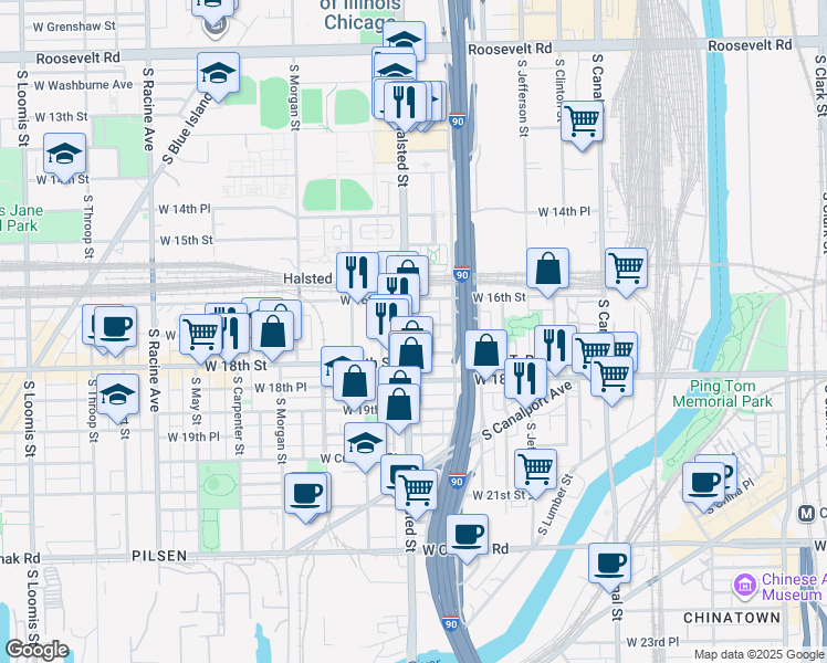 map of restaurants, bars, coffee shops, grocery stores, and more near 1703 South Halsted Street in Chicago