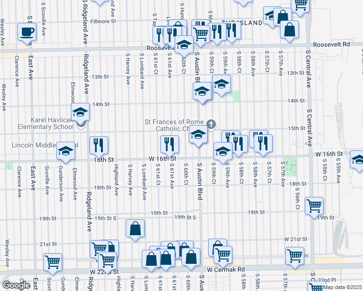 map of restaurants, bars, coffee shops, grocery stores, and more near 1520 South 60th Court in Cicero