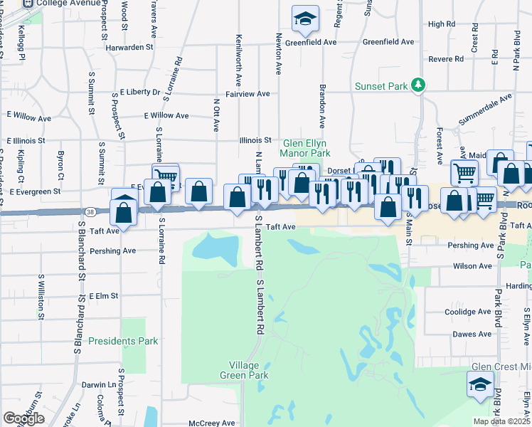map of restaurants, bars, coffee shops, grocery stores, and more near 339 Roosevelt Road in Glen Ellyn