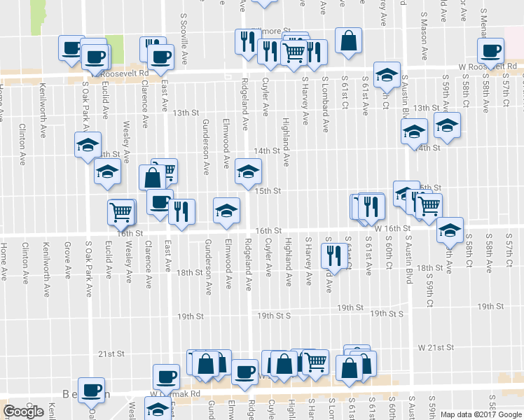 map of restaurants, bars, coffee shops, grocery stores, and more near 1524 Cuyler Avenue in Berwyn