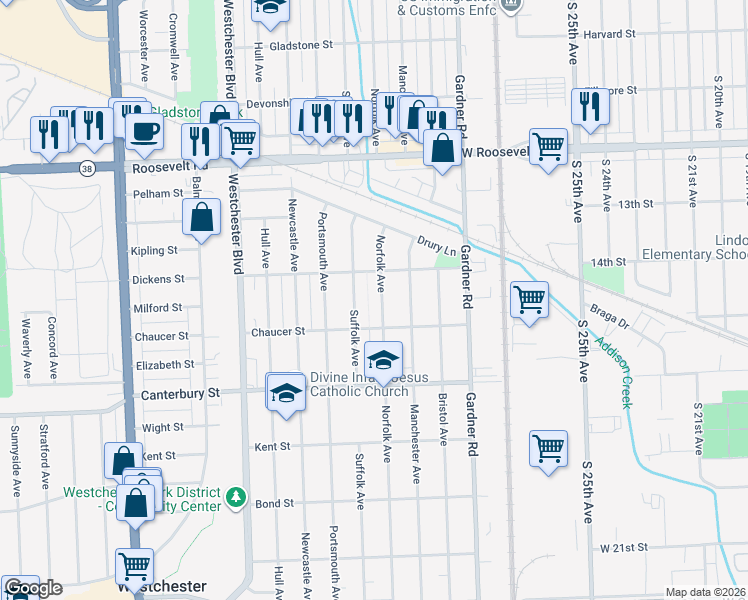 map of restaurants, bars, coffee shops, grocery stores, and more near 1430 Norfolk Ave in Westchester