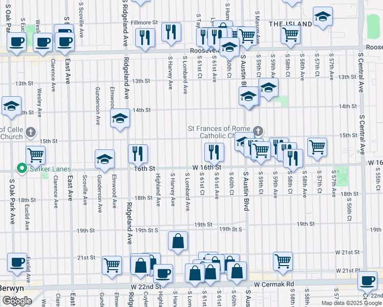 map of restaurants, bars, coffee shops, grocery stores, and more near 1521 S Lombard Ave in Cicero