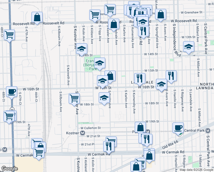 map of restaurants, bars, coffee shops, grocery stores, and more near 4214 West 16th Street in Chicago