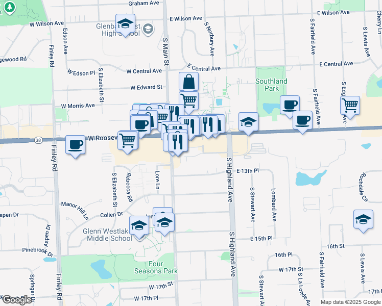 map of restaurants, bars, coffee shops, grocery stores, and more near 19W728 East 13th Street in Lombard