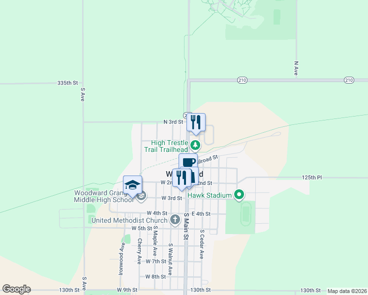 map of restaurants, bars, coffee shops, grocery stores, and more near 116 North Main Street in Woodward