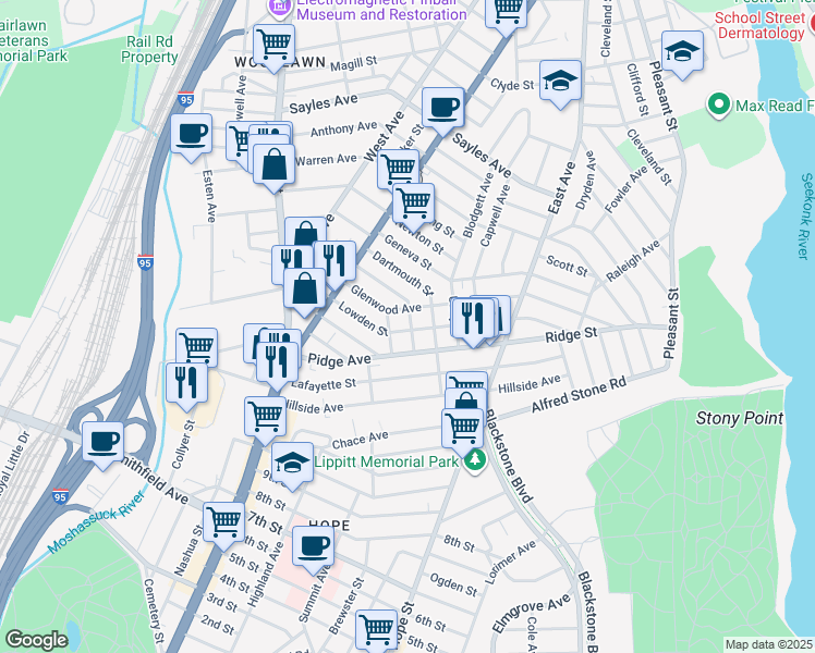 map of restaurants, bars, coffee shops, grocery stores, and more near in Pawtucket