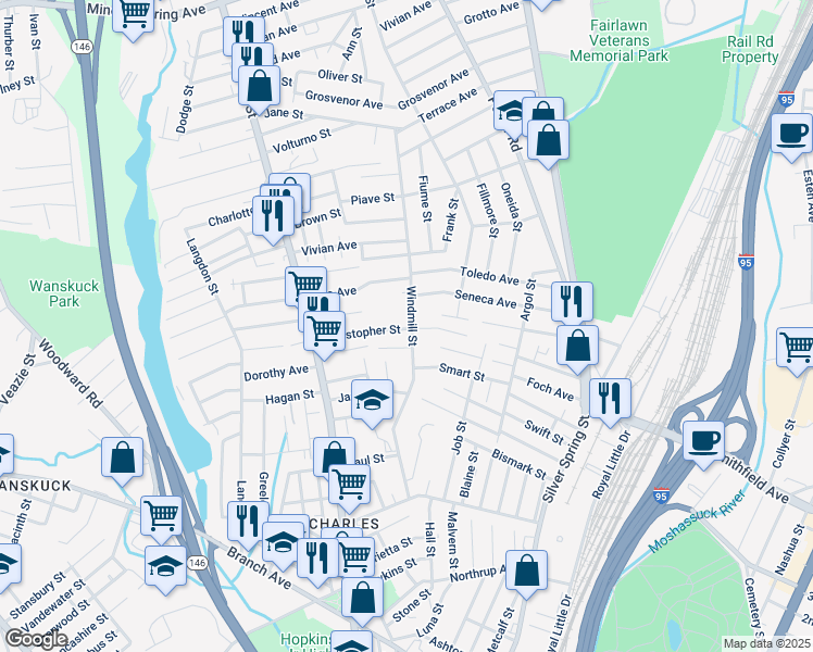 map of restaurants, bars, coffee shops, grocery stores, and more near 190 Windmill Street in Providence