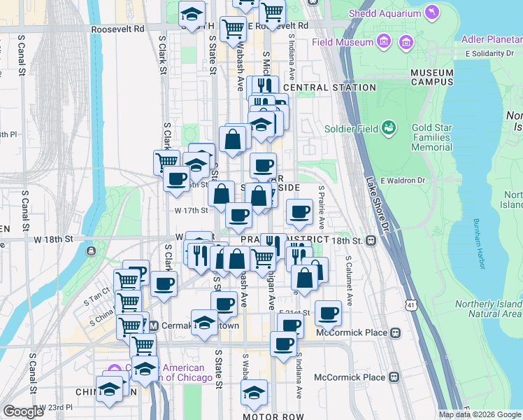 map of restaurants, bars, coffee shops, grocery stores, and more near 1700 Michigan Avenue in Chicago