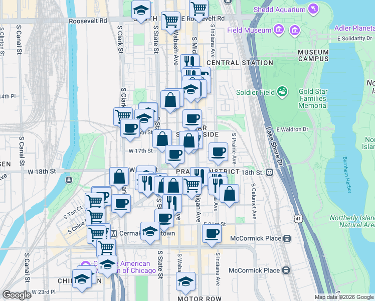 map of restaurants, bars, coffee shops, grocery stores, and more near 1639 South Wabash Avenue in Chicago