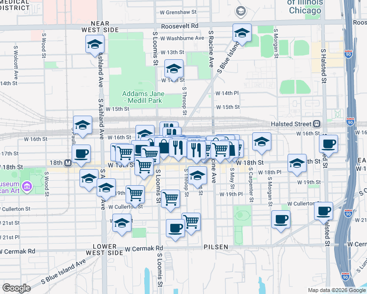 map of restaurants, bars, coffee shops, grocery stores, and more near 1621 South Throop Street in Chicago