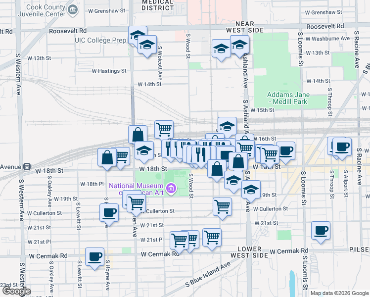 map of restaurants, bars, coffee shops, grocery stores, and more near 1822 West 17th Street in Chicago