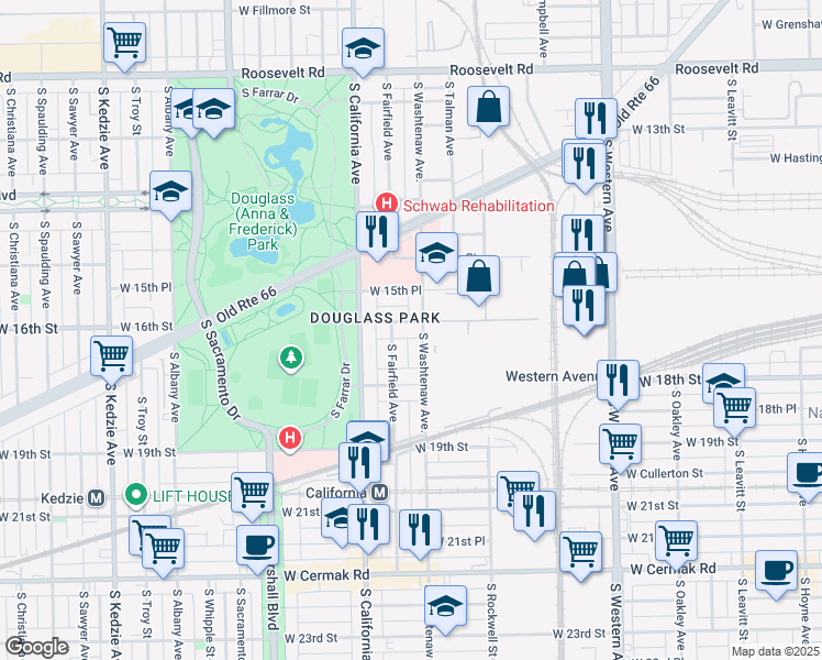 map of restaurants, bars, coffee shops, grocery stores, and more near 1609 South Washtenaw Avenue in Chicago