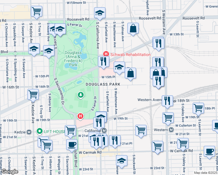 map of restaurants, bars, coffee shops, grocery stores, and more near 2735 West 16th Street in Chicago
