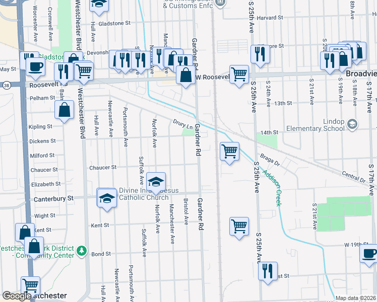 map of restaurants, bars, coffee shops, grocery stores, and more near 1433 Bristol Avenue in Westchester