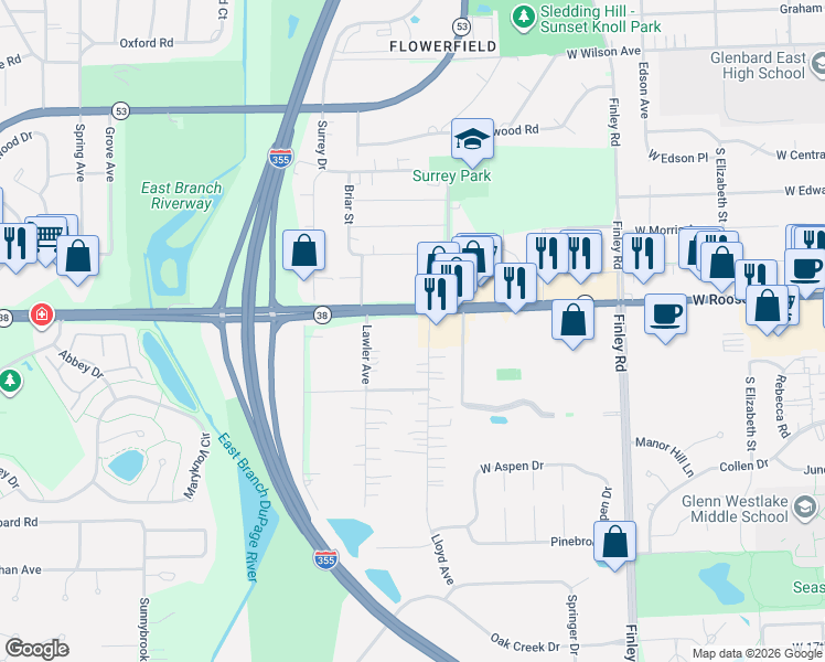 map of restaurants, bars, coffee shops, grocery stores, and more near 1210 Lloyd Avenue in Lombard