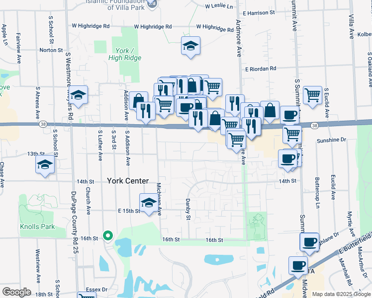 map of restaurants, bars, coffee shops, grocery stores, and more near 1243 Brandywine Lane in Villa Park