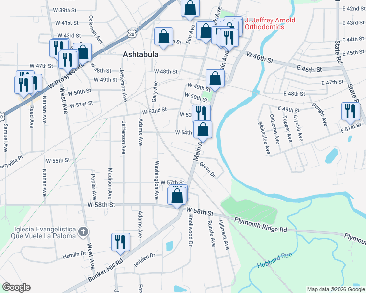 map of restaurants, bars, coffee shops, grocery stores, and more near 218 Burroughs Place in Ashtabula