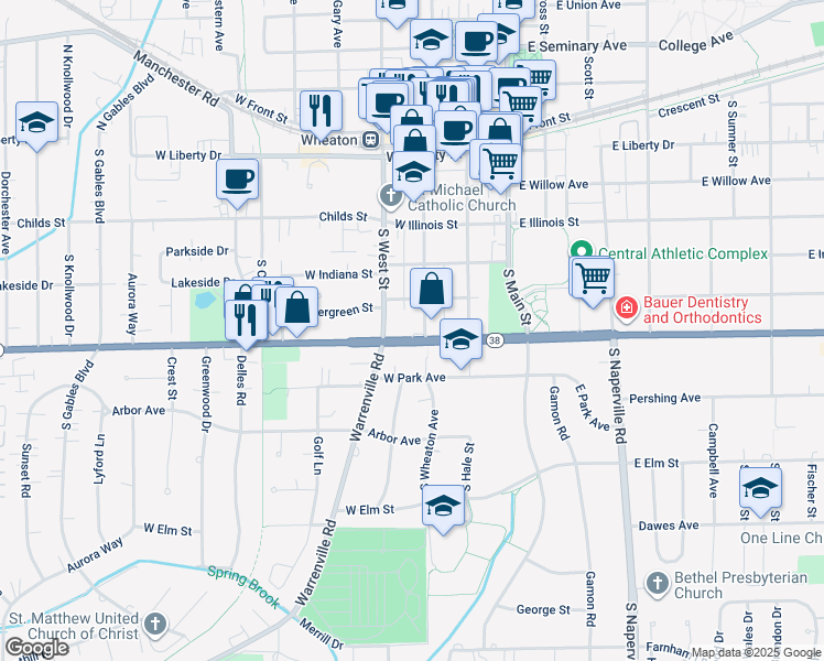 map of restaurants, bars, coffee shops, grocery stores, and more near 301 West Roosevelt Road in Wheaton