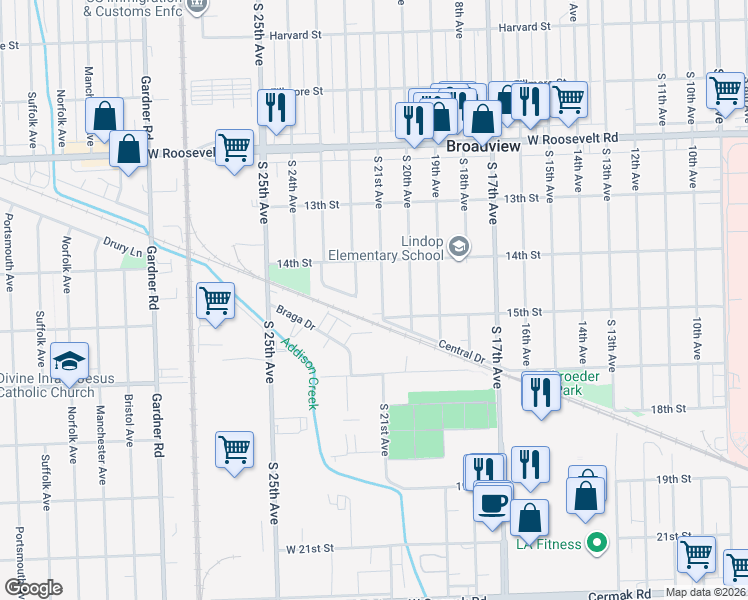 map of restaurants, bars, coffee shops, grocery stores, and more near 2432 South 21st Avenue in Broadview