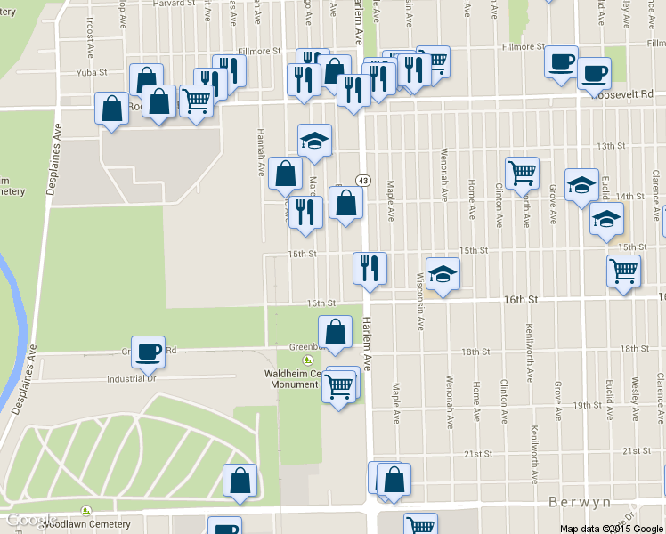 map of restaurants, bars, coffee shops, grocery stores, and more near 1511 Elgin Avenue in Forest Park