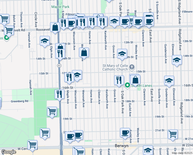 map of restaurants, bars, coffee shops, grocery stores, and more near 1514 Clinton Avenue in Berwyn