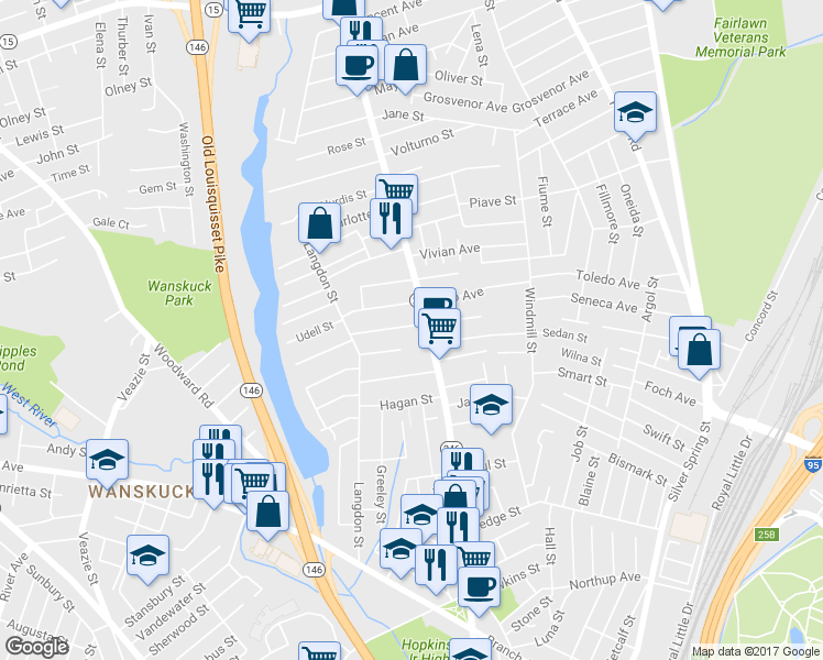 map of restaurants, bars, coffee shops, grocery stores, and more near 61 Raphael Avenue in Providence