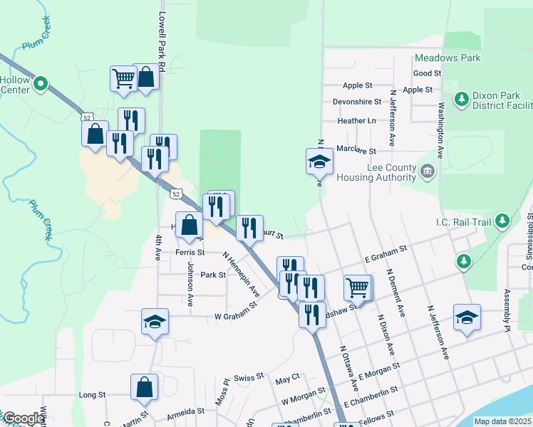 map of restaurants, bars, coffee shops, grocery stores, and more near 125 North Court Street in Dixon