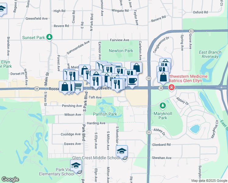 map of restaurants, bars, coffee shops, grocery stores, and more near 695 Roosevelt Road in Glen Ellyn