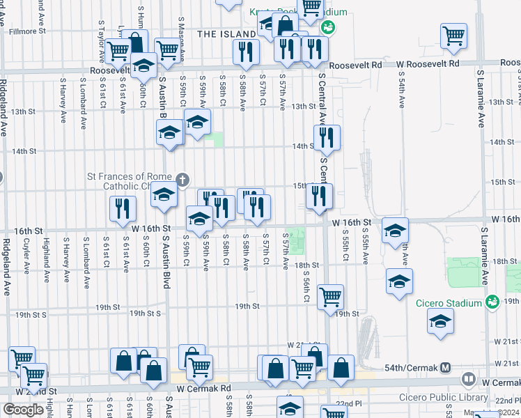 map of restaurants, bars, coffee shops, grocery stores, and more near 1522 South 57th Court in Cicero