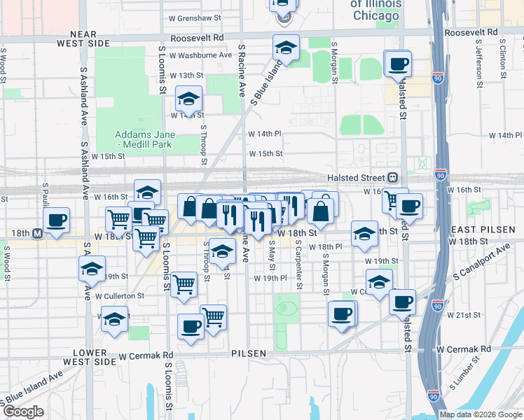 map of restaurants, bars, coffee shops, grocery stores, and more near 1154 West 17th Street in Chicago