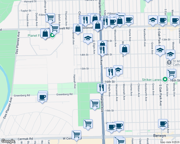 map of restaurants, bars, coffee shops, grocery stores, and more near 1511 Elgin Avenue in Forest Park