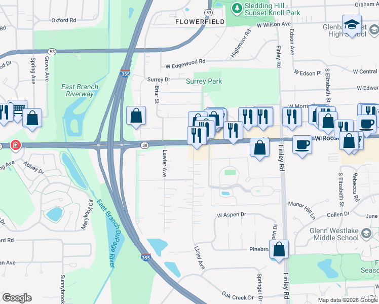 map of restaurants, bars, coffee shops, grocery stores, and more near 1210 Lloyd Avenue in Lombard