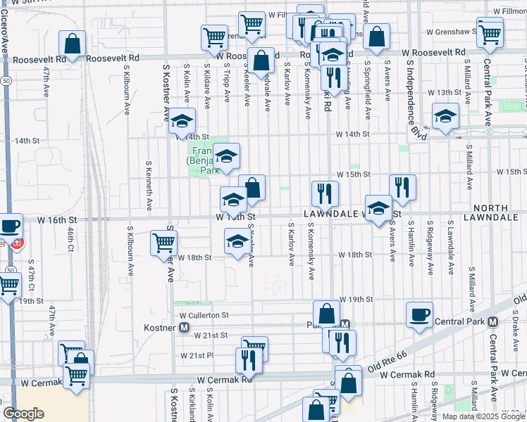 map of restaurants, bars, coffee shops, grocery stores, and more near 4136 West 16th Street in Chicago