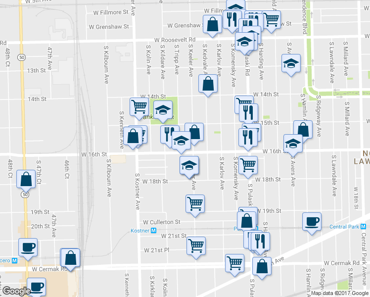 map of restaurants, bars, coffee shops, grocery stores, and more near 4214 West 16th Street in Chicago