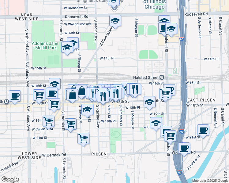map of restaurants, bars, coffee shops, grocery stores, and more near 1114 West 17th Street in Chicago